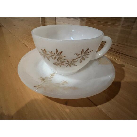 Federal Glass Heat Proof Teacup Coffee 5 Cups/ Saucers Gold Leaf Atomic Vtg  MCM - Picture 2 of 11